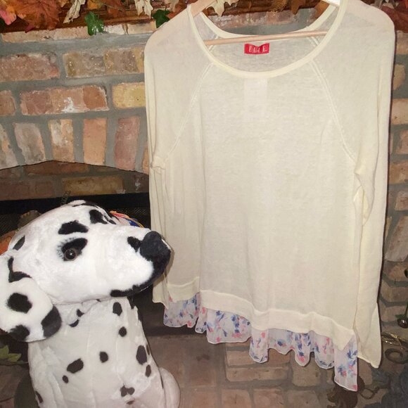 ELLE Long Sleeve Knit Sweater Tunic Top w/ Pretty Pink & Blue Floral Ruffle Hem - Picture 1 of 8